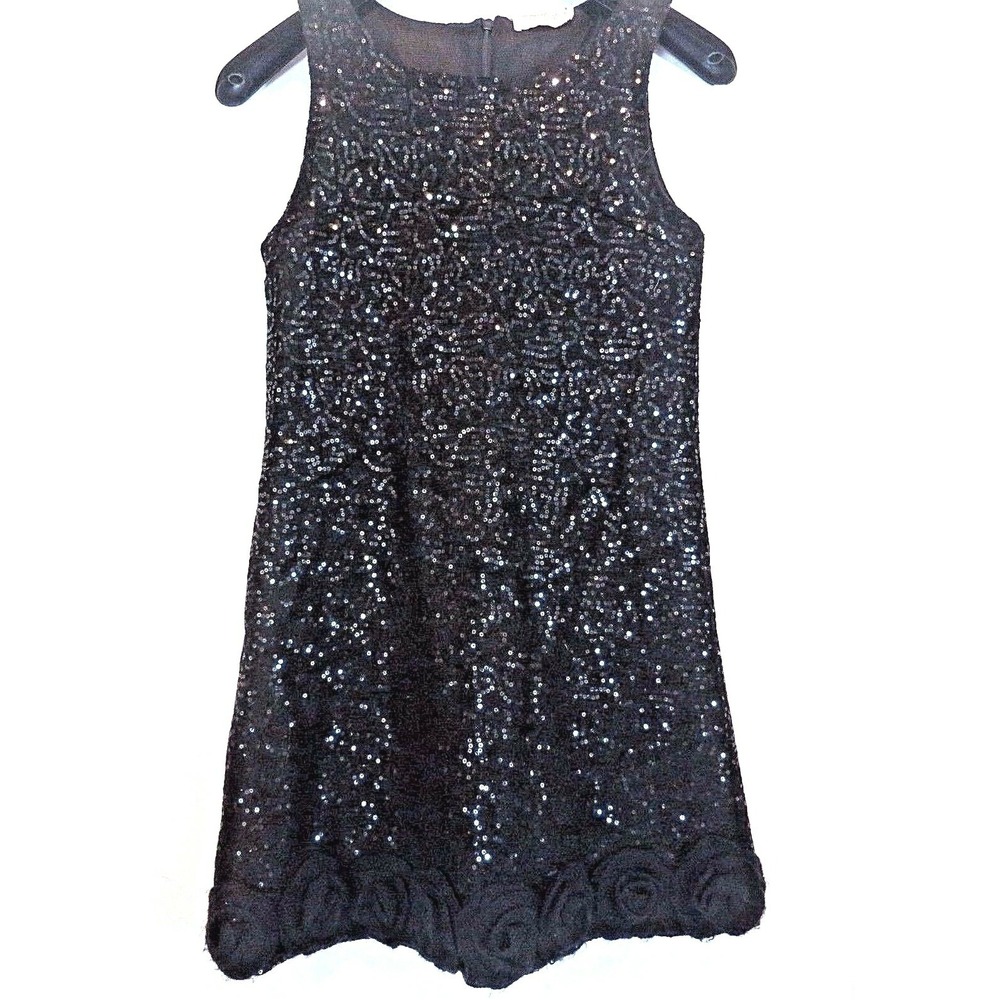 MONNALISA BLACK TANK SEQUIN PAGEANT PARTY DRESS‎ CROCHET HEM  134 9